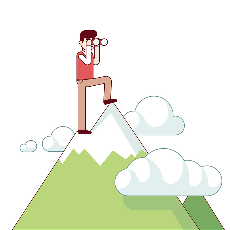Successful business man standing at mountain top Successful business man standing at mountain top and looking through binoculars. Leader and leadership concept. Modern flat style thin line vector illustration isolated on white background.