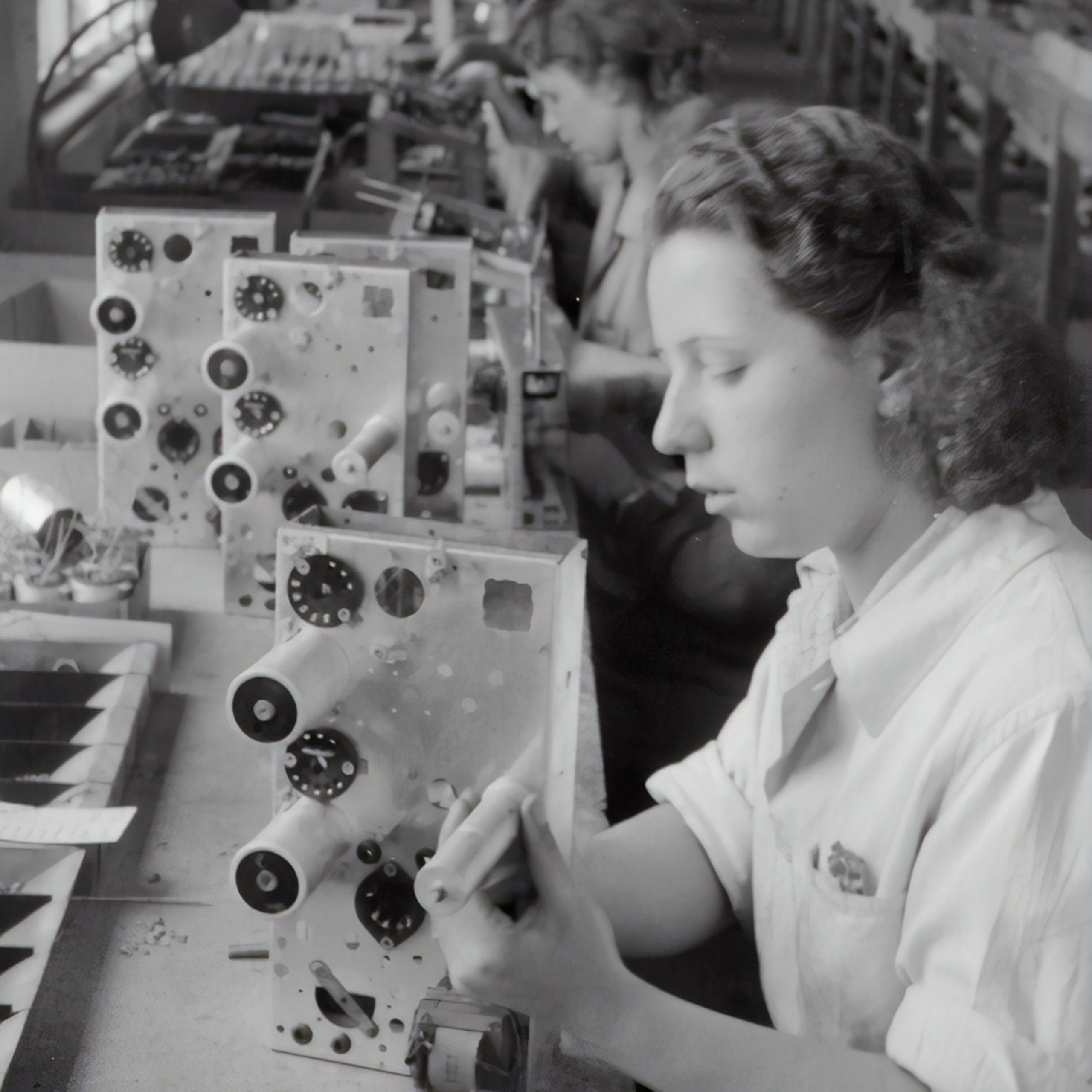 Frauen in Fabrik oder Werkstatt, die technische Teile zusammenbauen